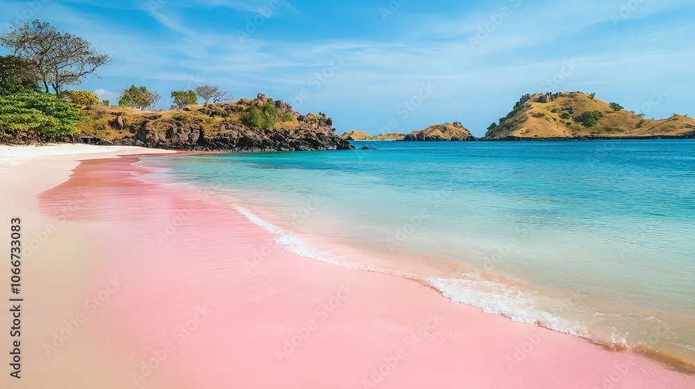 Fototapeta premium Pink sand beach with turquoise water and green hills in the background on a sunny day.