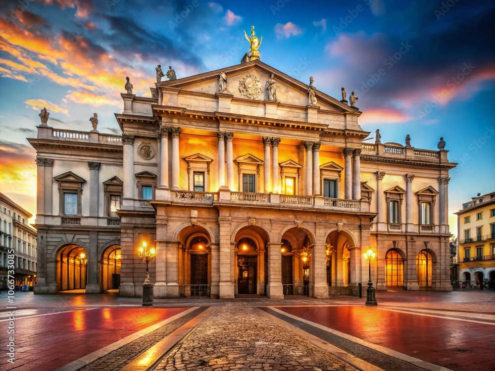 Obraz premium Stunning Product Photography of La Scala Opera House in Milan, Italy - A Captivating Architectural Marvel Showcasing Italian Culture and Artistic Heritage for Stock Images