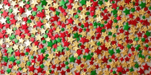 Seamless confetti stars background in red, green, and gold for Christmas celebrations, confetti, winter