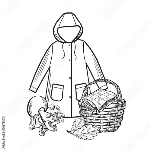 Raincoat with basket, plaid and mushrooms with oak leaves. Cozy autumn forest harvest composition. Vector illustration hand drawn isolated. Black and white fall arrangement. Clipart for card, sticker.