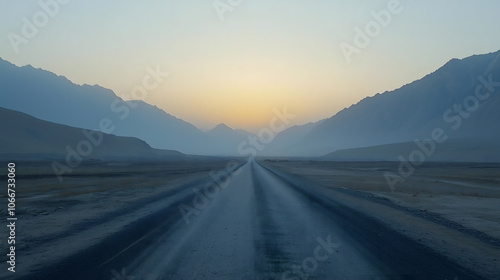 Deserted asphalt road and mountain landscape at dawn