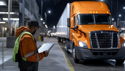A truck driver in a reflective vest inspects logistics paperwork at night next to a bright orange semi-truck in a loading area.