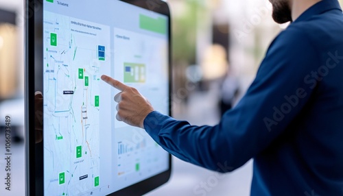 A person interacts with a digital map display in an urban setting, highlighting navigation and location features on a touchscreen interface.