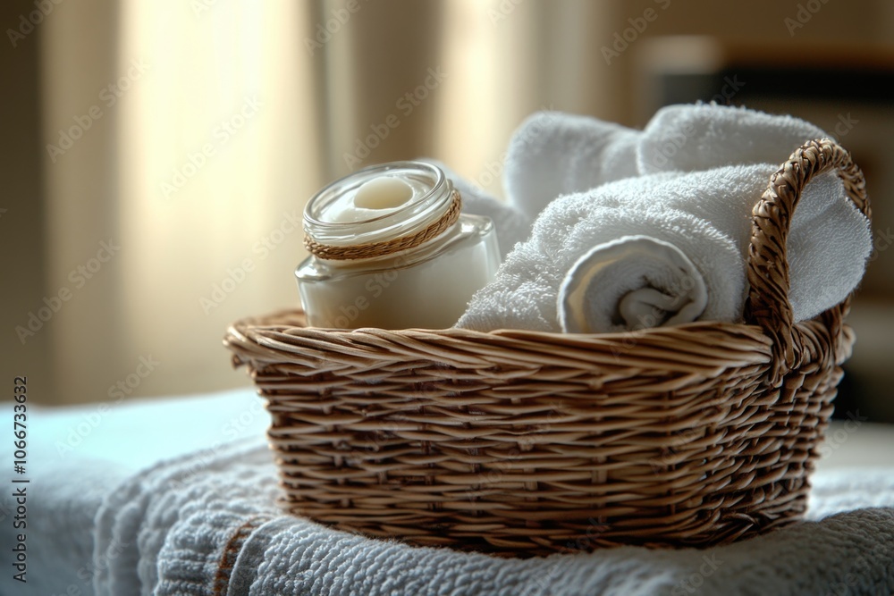 A basket filled with soft towels and a jar of luxurious cream A basket filled with soft towels and a jar of luxurious cream