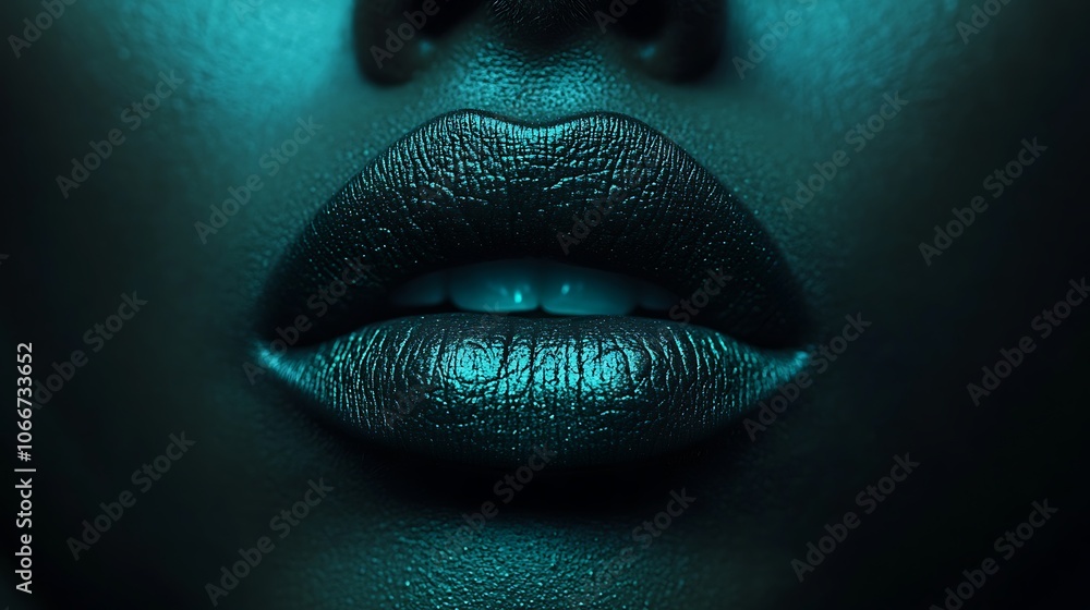 Intense close-up of matte emerald green lips, showcasing velvety texture and bold, unique color, lit with soft, ambient light to capture detail and dimension, high-definition beauty imagery. Intense close-up of matte emerald green lips, showcasing velvety texture and bold, unique color, lit with soft, ambient light to capture detail and dimension, high-definition beauty imagery.