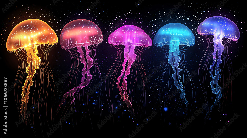 Glowing jellyfish in vibrant neon colors float gracefully in dark sea, creating mesmerizing underwater scene filled with ethereal beauty and tranquility Glowing jellyfish in vibrant neon colors float gracefully in dark sea, creating mesmerizing underwater scene filled with ethereal beauty and tranquility