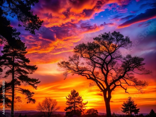 Stunning Silhouette of Trees at Dusk with Perfect Rule of Thirds Composition for Nature Lovers and Landscape Photography Enthusiasts