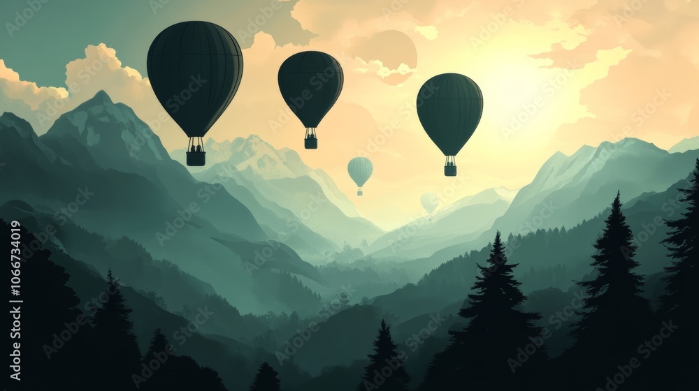 Fototapeta premium futuristic hot air balloons flying over the mountains.vector illustration.