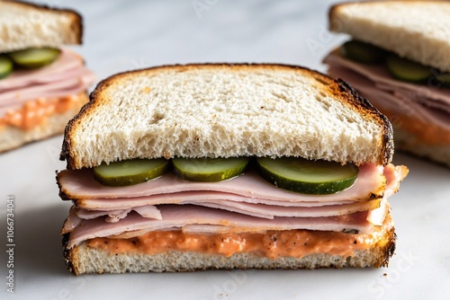 Close-up of a Delicious Ham and Pickle Sandwich with Crispy Bread