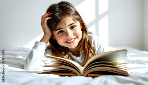 Photo of positive smiling girl lying bed touch hair read book in day light white room isolated with white shades, png