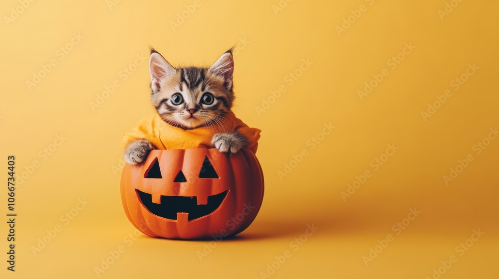 Cute Kitten in a Jack-O'-Lantern for Halloween Cute Kitten in a Jack-O'-Lantern for Halloween