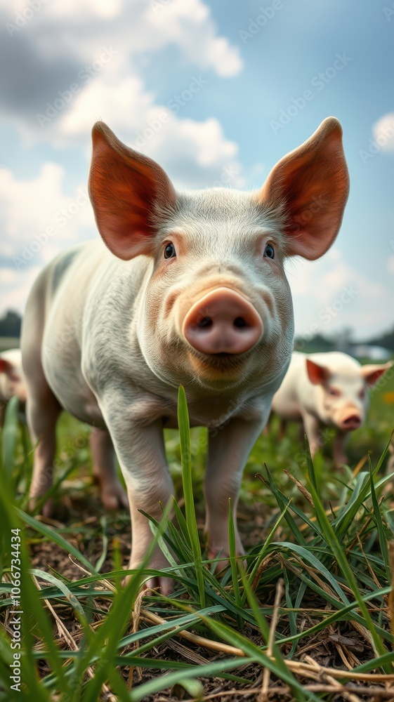 A pig stands in a field of tall green grass, looking directly at the camera with a curious expression A pig stands in a field of tall green grass, looking directly at the camera with a curious expression
