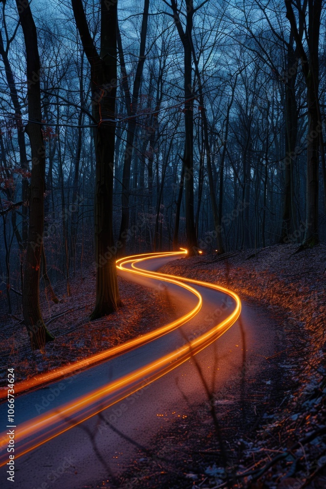 Nighttime road scene in dense forest, ideal for travel or adventure concepts Nighttime road scene in dense forest, ideal for travel or adventure concepts