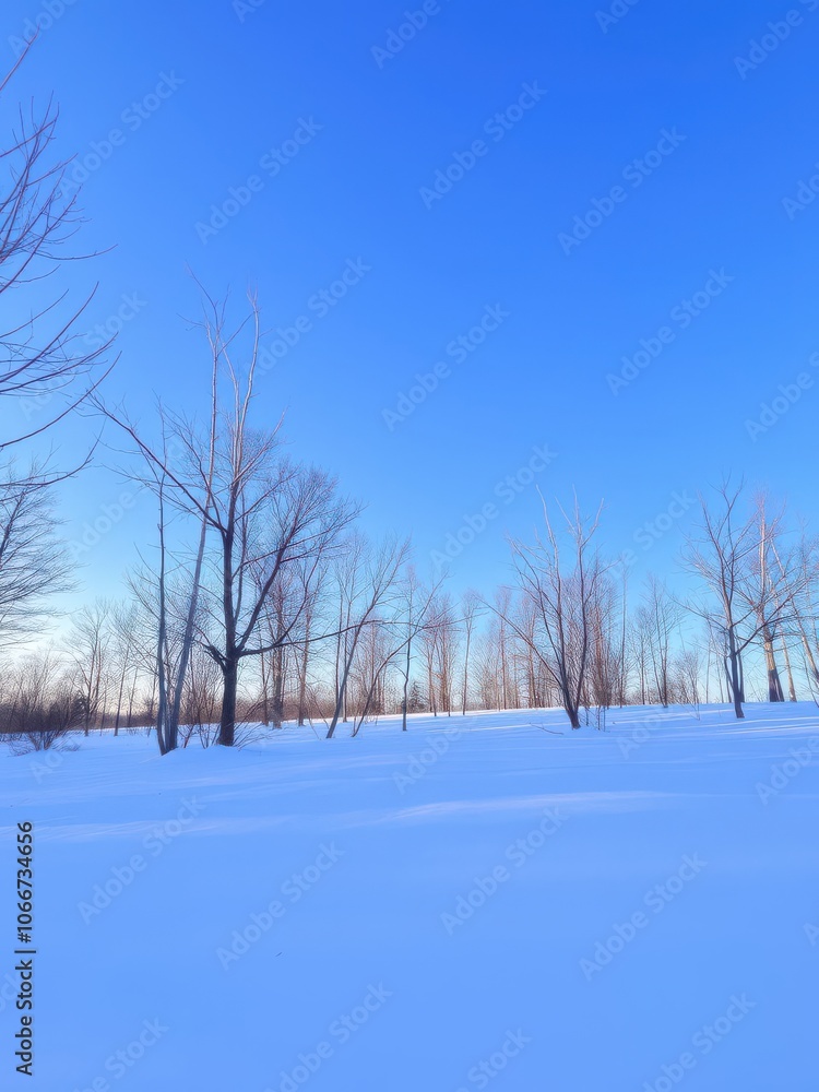 Snow-covered landscape with bare trees and a clear blue sky, perfect for winter themed designs, nature, panoramic Snow-covered landscape with bare trees and a clear blue sky, perfect for winter themed designs, nature, panoramic