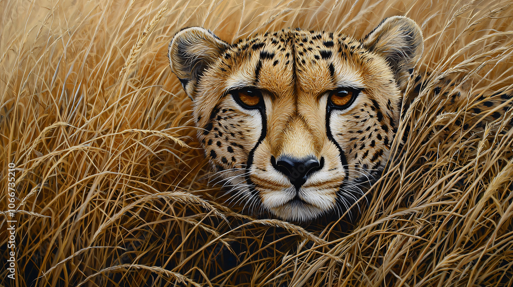 Obraz premium Cheetah resting in tall golden grass, showcasing its striking features and intense gaze. This photorealistic image captures beauty of wildlife in serene environment