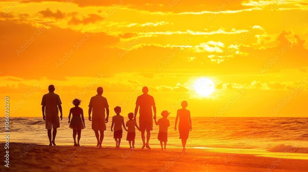 Silhouettes of a Family Walking on a Sandy Beach at Sunset Silhouettes of a Family Walking on a Sandy Beach at Sunset