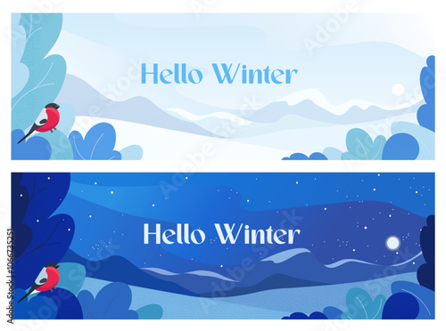 Hello winter horizontal day and night banners with bullfinch