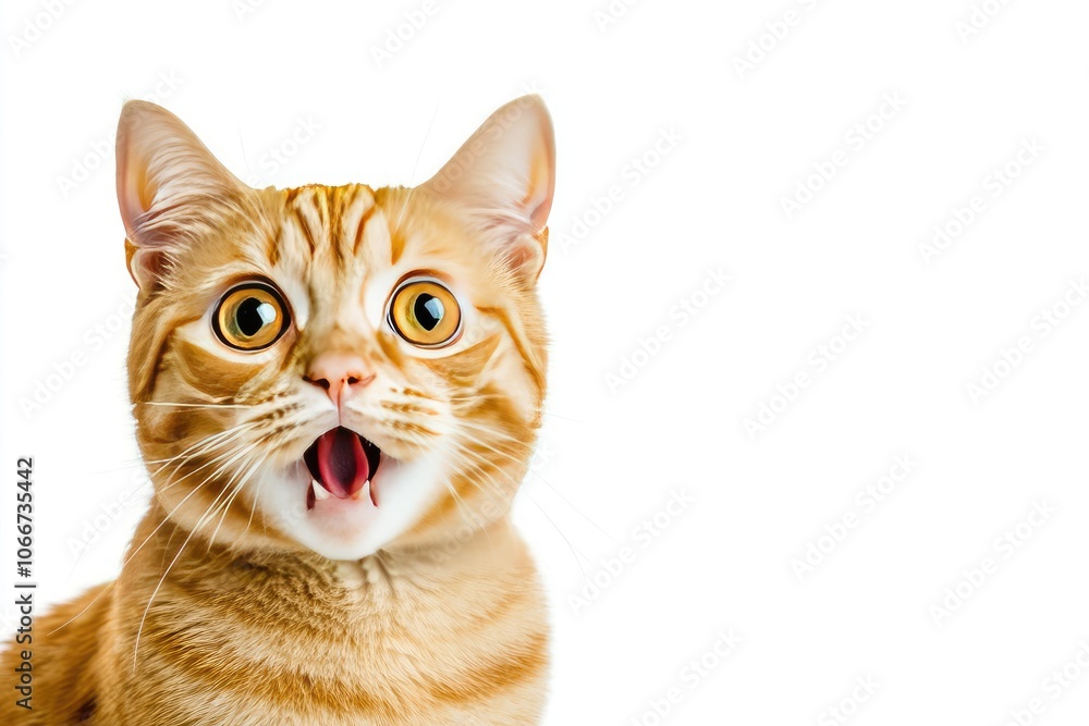 Obraz premium Close-Up Portrait of a Funny Ginger Cat with Surprised Expression on White Background