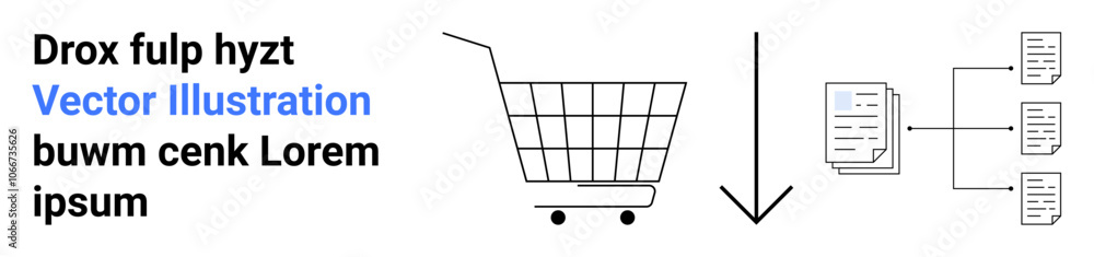 Shopping cart followed by downward arrow leading to structured documents. Ideal for e-commerce, online retail, transaction processes, document management, digital shopping, workflow automation Shopping cart followed by downward arrow leading to structured documents. Ideal for e-commerce, online retail, transaction processes, document management, digital shopping, workflow automation