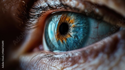 A detailed view of a human iris, showcasing its intricate details and color