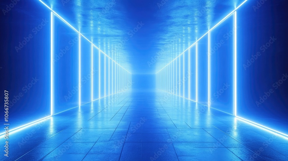 Futuristic Blue Light Corridor with Reflections Futuristic Blue Light Corridor with Reflections