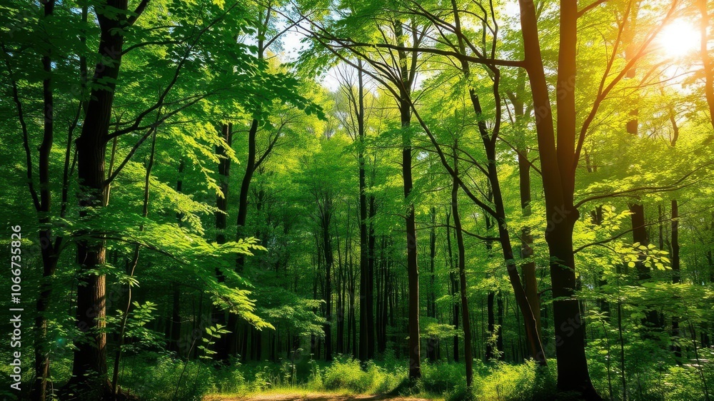 Fototapeta premium Sunlight filtering through the lush canopy of a green forest, casting beautiful rays of light on the forest floor, nature, green forest, vibrant