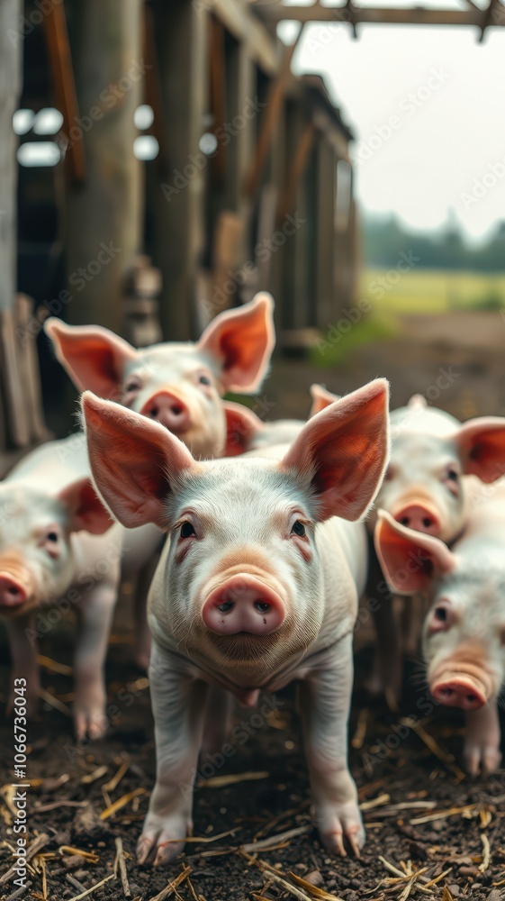 A piglet stares directly at the camera while others look on in a barn setting A piglet stares directly at the camera while others look on in a barn setting