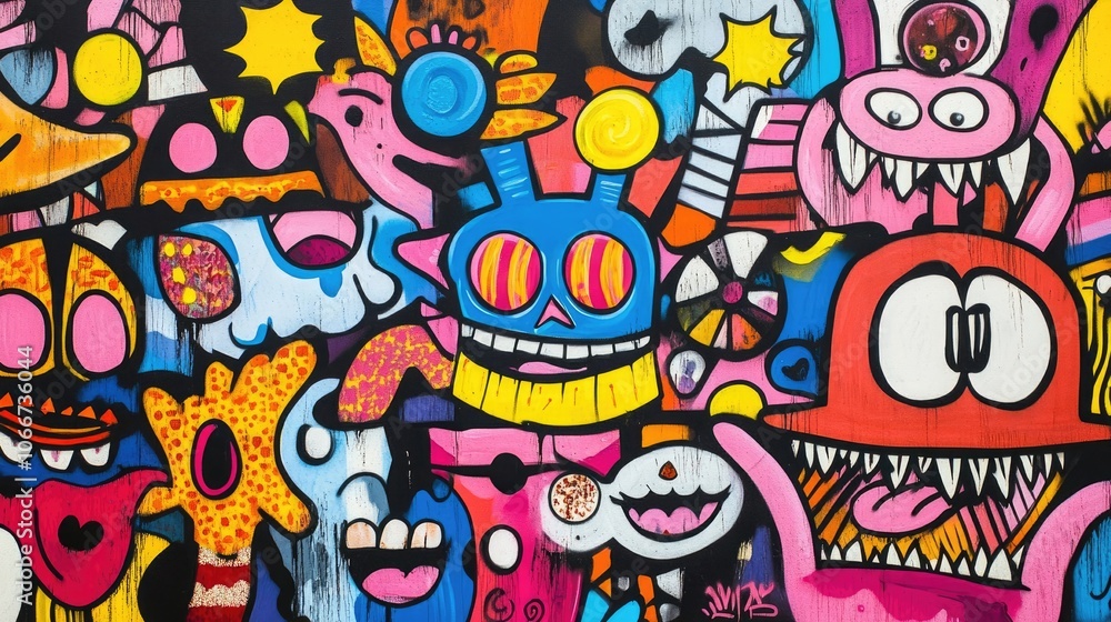 Vibrant Graffiti Art Background with Colorful Cartoon Characters and Expressive Faces Vibrant Graffiti Art Background with Colorful Cartoon Characters and Expressive Faces