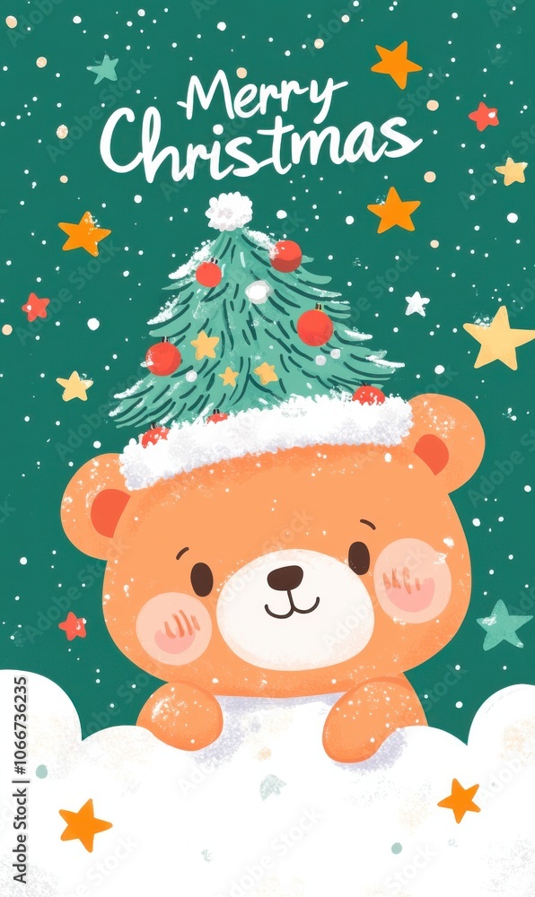 Charming Christmas bear with tree hat amidst twinkling stars and holiday cheer Charming Christmas bear with tree hat amidst twinkling stars and holiday cheer