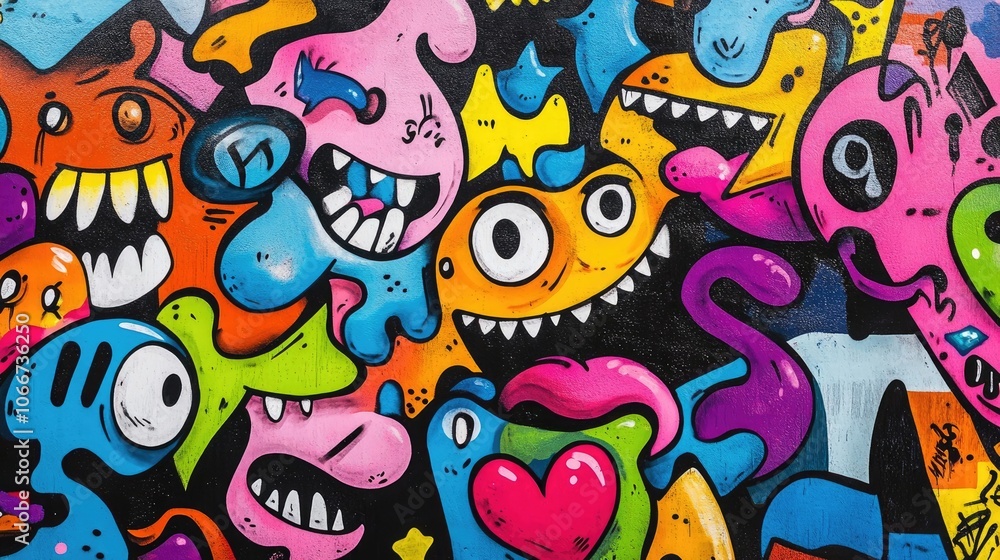 Obraz premium Vibrant Graffiti Art Background with Colorful Cartoon Characters and Expressive Faces