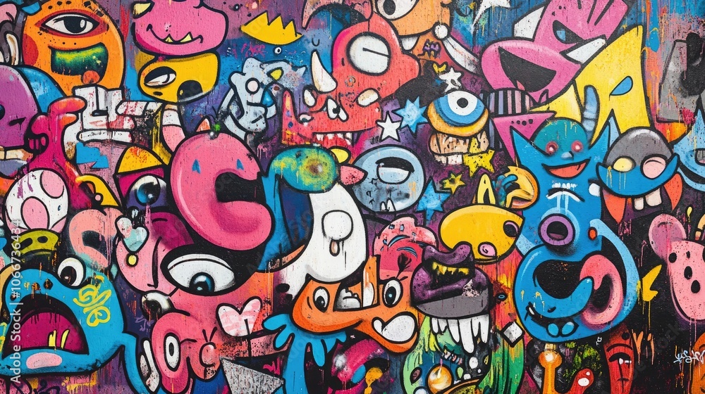 Fototapeta premium Vibrant Graffiti Art Background with Colorful Cartoon Characters and Expressive Faces