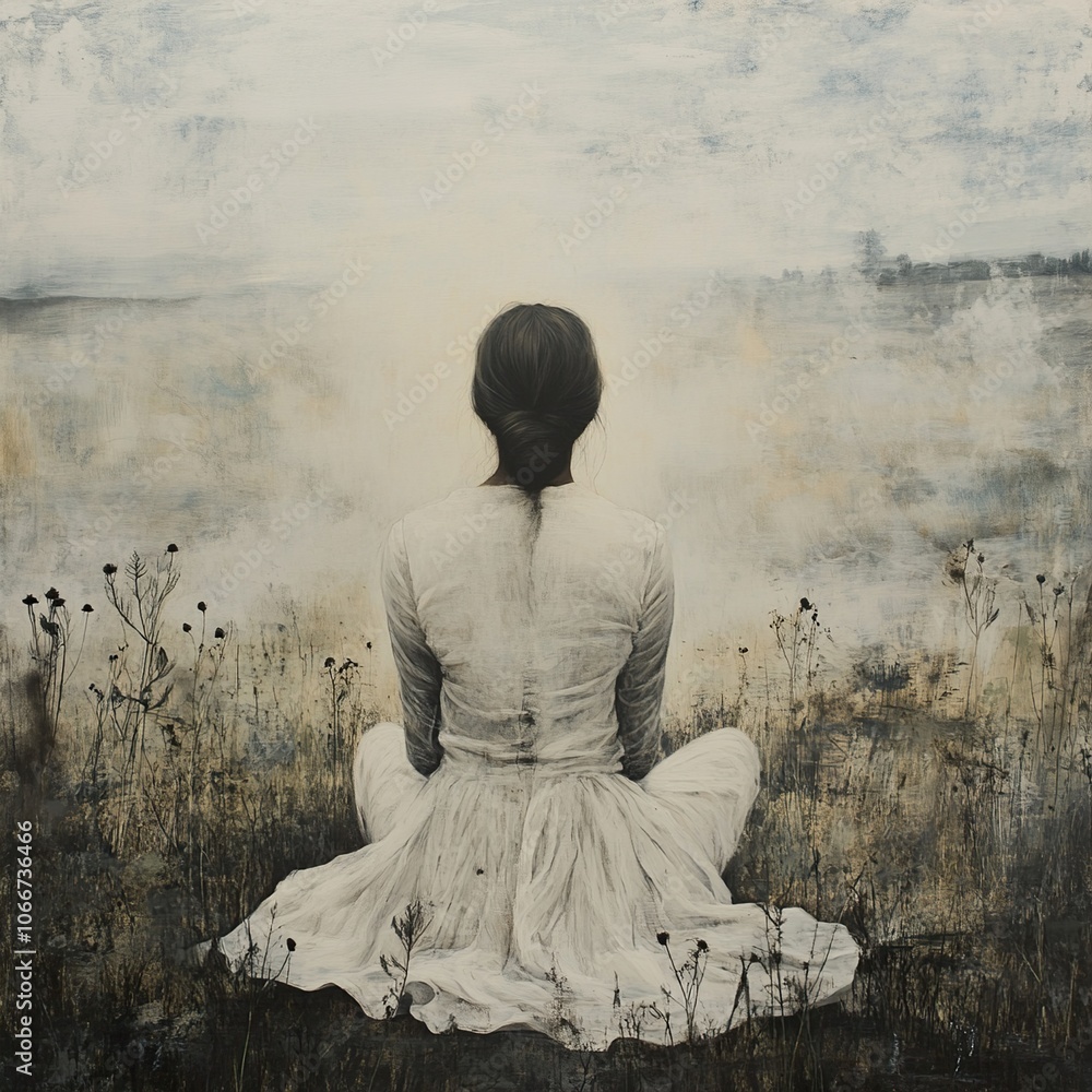 A Moment of Contemplation: Woman in White Gazing at the Horizon A Moment of Contemplation: Woman in White Gazing at the Horizon