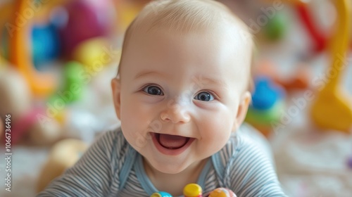 Close-up Portrait of a Happy Baby with Blue Eyes