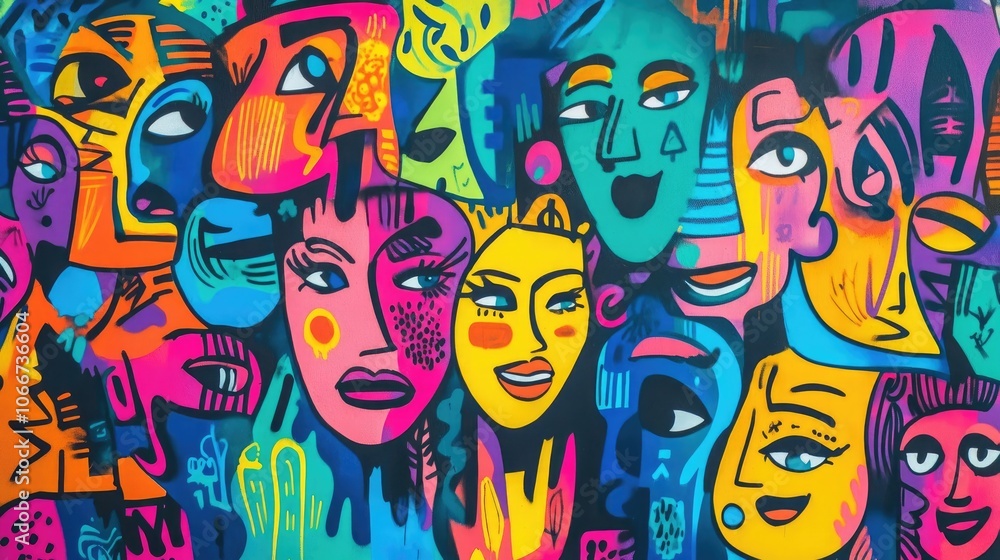 Vibrant Graffiti Art Background with Colorful Cartoon Characters and Expressive Faces Vibrant Graffiti Art Background with Colorful Cartoon Characters and Expressive Faces