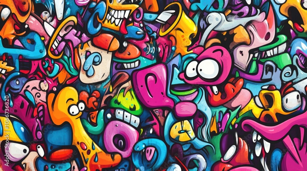 Vibrant Graffiti Art Background with Colorful Cartoon Characters and Expressive Faces Vibrant Graffiti Art Background with Colorful Cartoon Characters and Expressive Faces