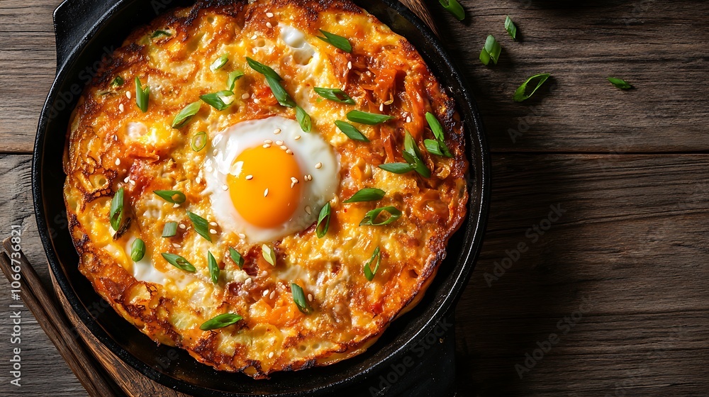Kimchi Pancake with Fried Egg in a Cast Iron Pan Kimchi Pancake with Fried Egg in a Cast Iron Pan