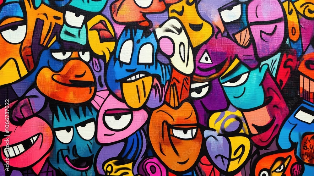 Fototapeta premium Vibrant Graffiti Art Background with Colorful Cartoon Characters and Expressive Faces