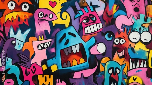 Vibrant Graffiti Art Background with Colorful Cartoon Characters and Expressive Faces