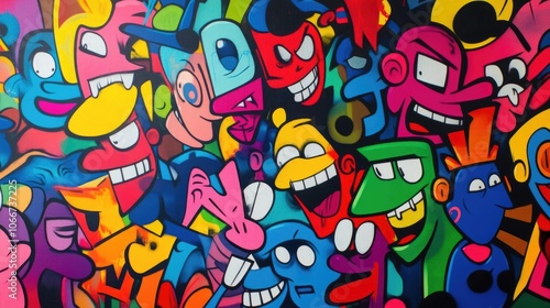 Wallpaper Mural Vibrant Graffiti Art Background with Colorful Cartoon Characters and Expressive Faces Torontodigital.ca