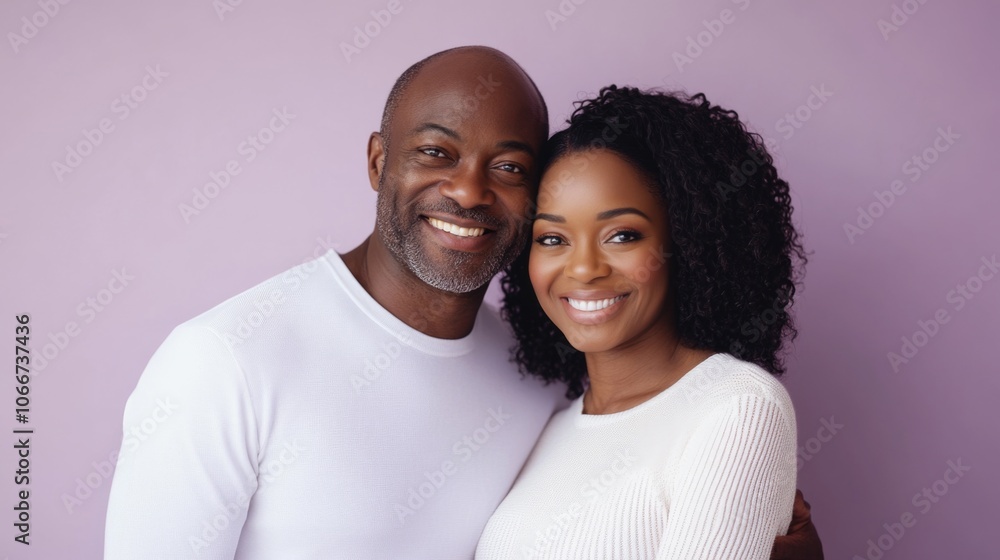 A pair of people smiling and posing together in front of a camera A pair of people smiling and posing together in front of a camera