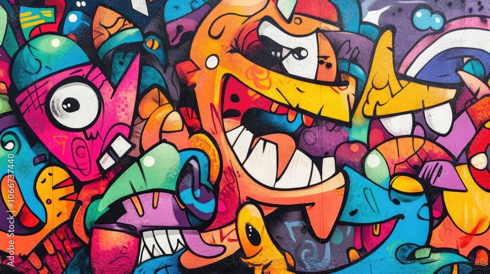 Vibrant Graffiti Art Background with Colorful Cartoon Characters and Expressive Faces Vibrant Graffiti Art Background with Colorful Cartoon Characters and Expressive Faces