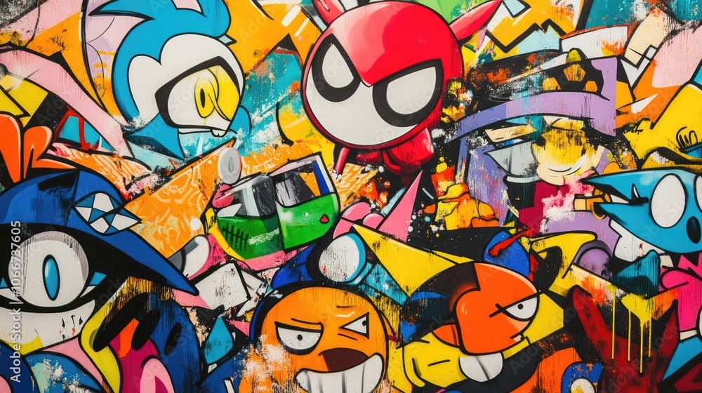 Vibrant Graffiti Art Background with Colorful Cartoon Characters and Expressive Faces Vibrant Graffiti Art Background with Colorful Cartoon Characters and Expressive Faces