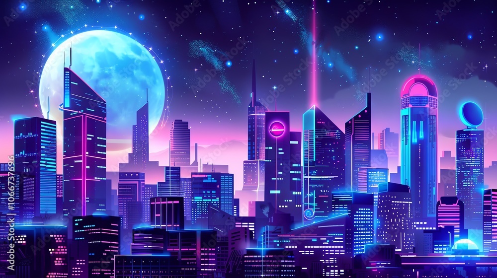 A futuristic cityscape with neon lights, a full moon, and stars. A futuristic cityscape with neon lights, a full moon, and stars.