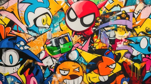 Vibrant Graffiti Art Background with Colorful Cartoon Characters and Expressive Faces