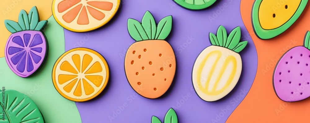 Cute magnet with fruit patterns, bright colors, cheerful souvenir, watercolor style Cute magnet with fruit patterns, bright colors, cheerful souvenir, watercolor style