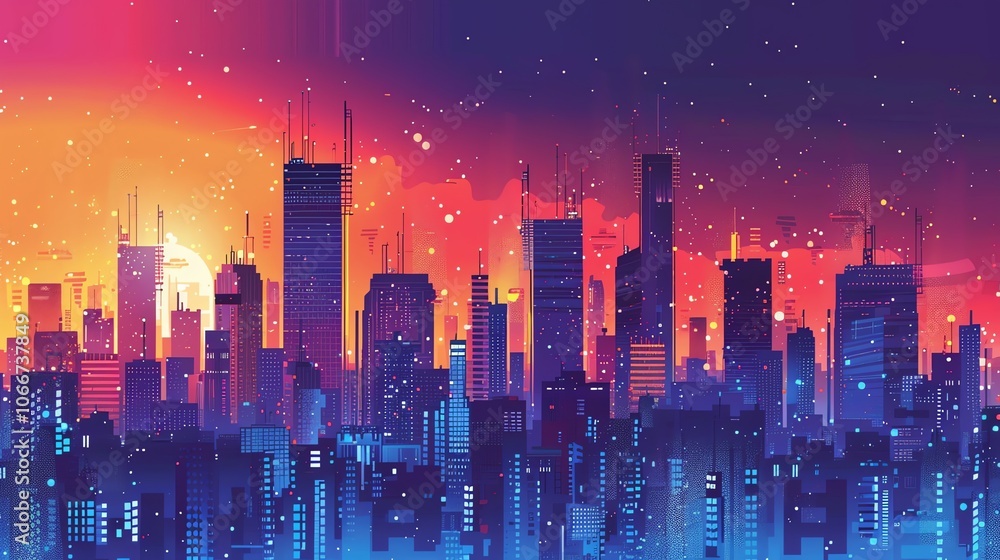 A cityscape at night with a colorful sunset and stars. A cityscape at night with a colorful sunset and stars.