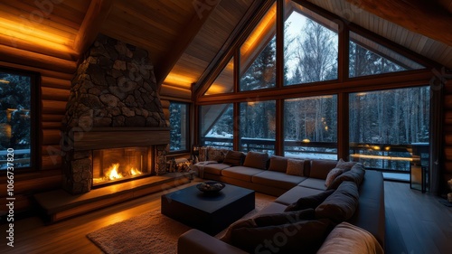 Cozy cabin featuring plush seating, perfect for relaxation and warmth in a serene woodland escape.