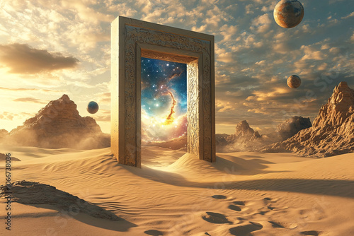 Portal door in the middle of the desert, Portal for a better world, background banner with desert and door
 photo