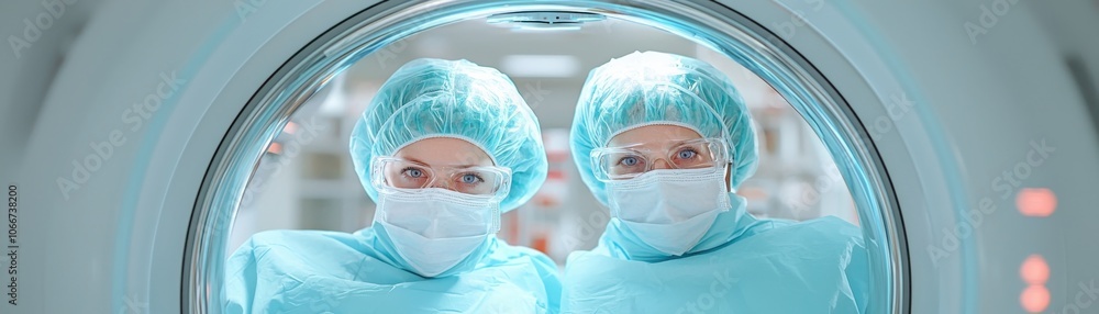 Two medical professionals in scrubs and masks peer through a circular opening, highlighting a sterile, clinical environment. Two medical professionals in scrubs and masks peer through a circular opening, highlighting a sterile, clinical environment.