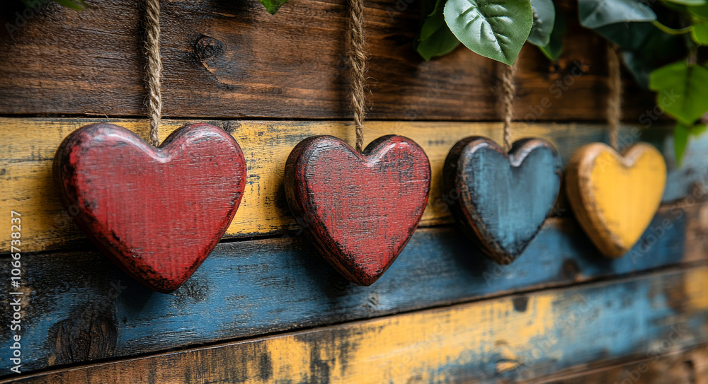 A row of wooden hearts hanging from a wooden board. The hearts are of different colors and sizes A row of wooden hearts hanging from a wooden board. The hearts are of different colors and sizes